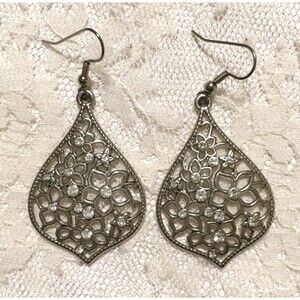 Silver Tone Rhinestone Dangle Drop Earrings Statement Flower Fairy